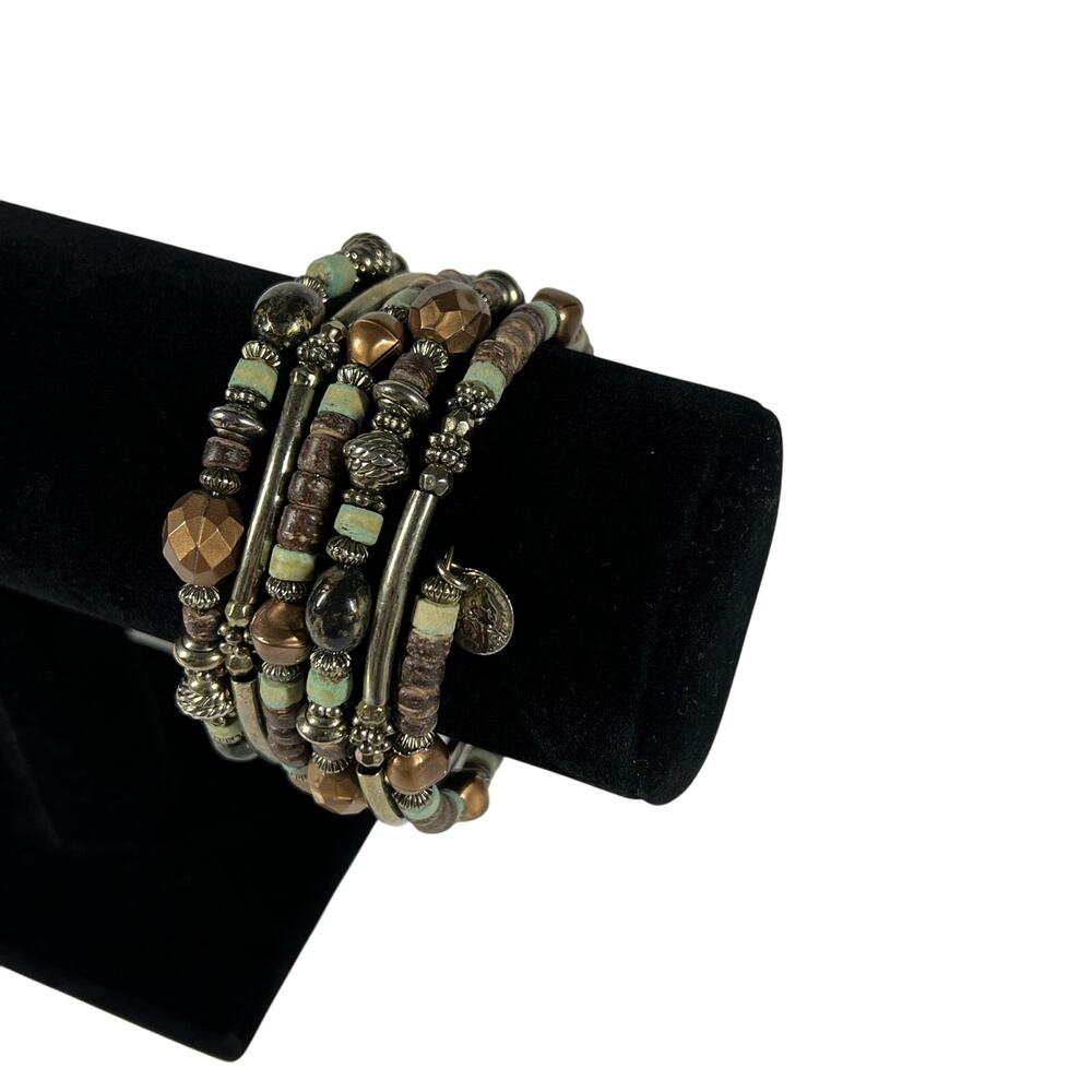 Beaded Stretch Wrap Bracelet Brown Green Bronze Tone Coin Charm Boho Statement
